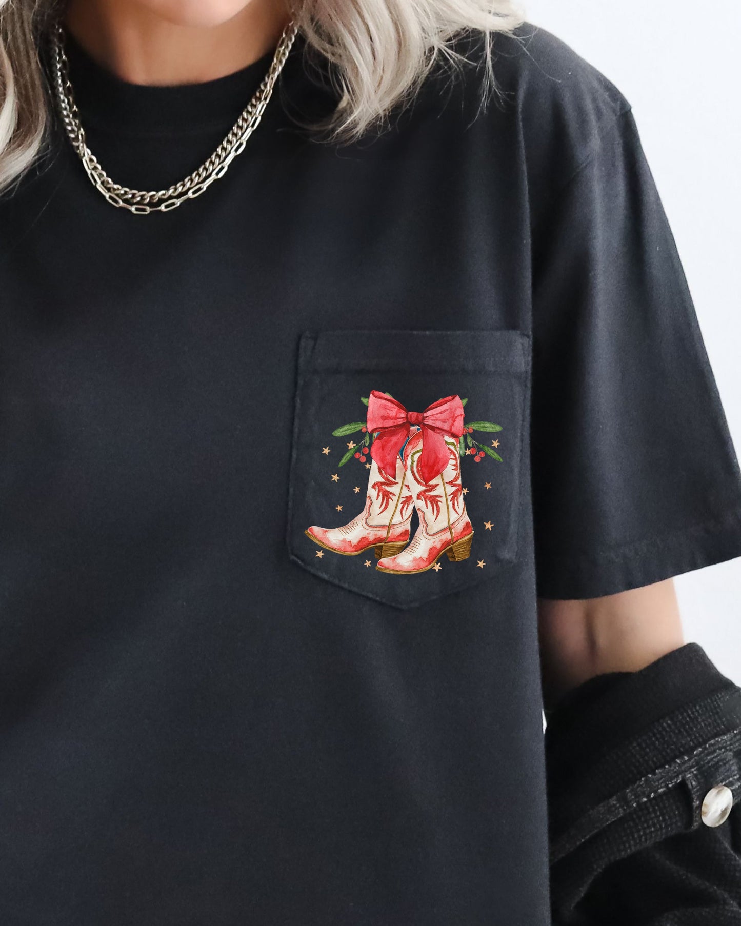 Cowboy Boots, Pocket, Christmas, Bow, Mistletoe, Santa, Winter, Snow, Xmas Pocket Tee Comfort Colors T-Shirt