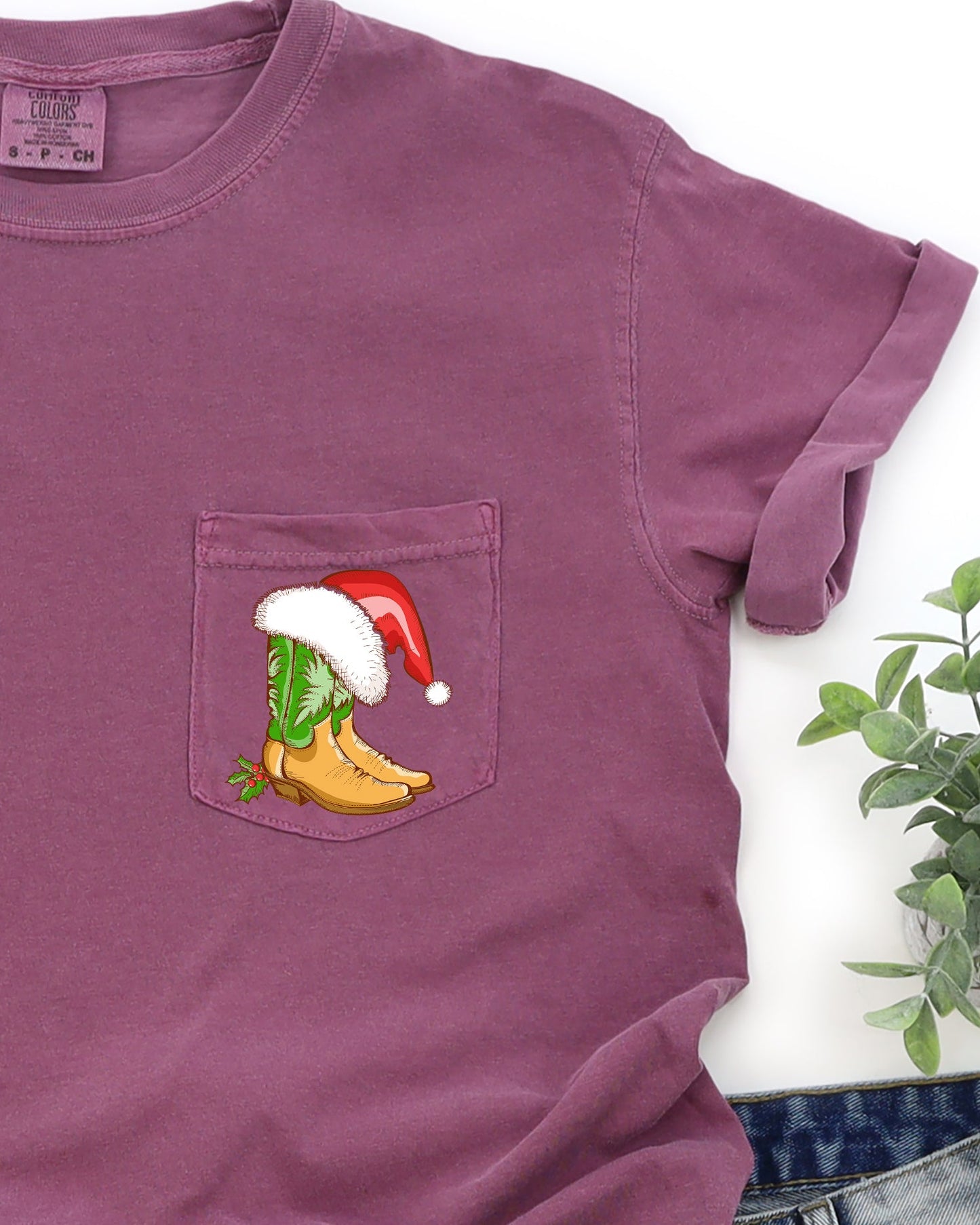 Cowboy Boots, Pocket, Santa, Holly, Cowgirl, Country, Western, Christmas, Snow, Winter, Xmas Pocket Tee Comfort Colors T-Shirt