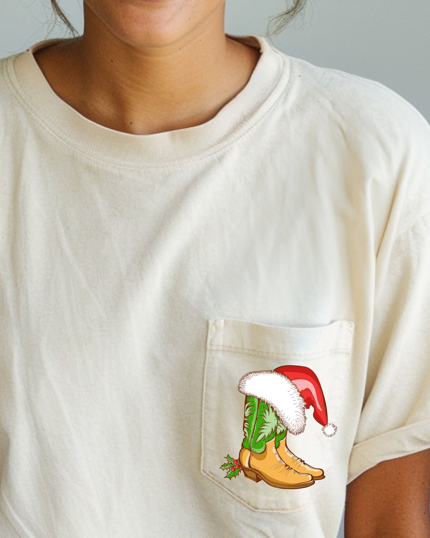 Cowboy Boots, Pocket, Santa, Holly, Cowgirl, Country, Western, Christmas, Snow, Winter, Xmas Pocket Tee Comfort Colors T-Shirt