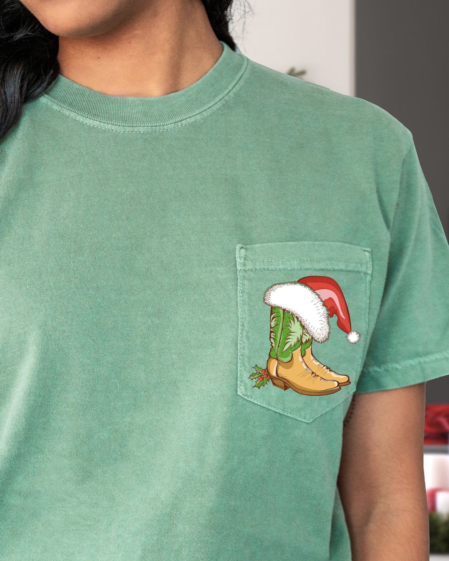 Cowboy Boots, Pocket, Santa, Holly, Cowgirl, Country, Western, Christmas, Snow, Winter, Xmas Pocket Tee Comfort Colors T-Shirt