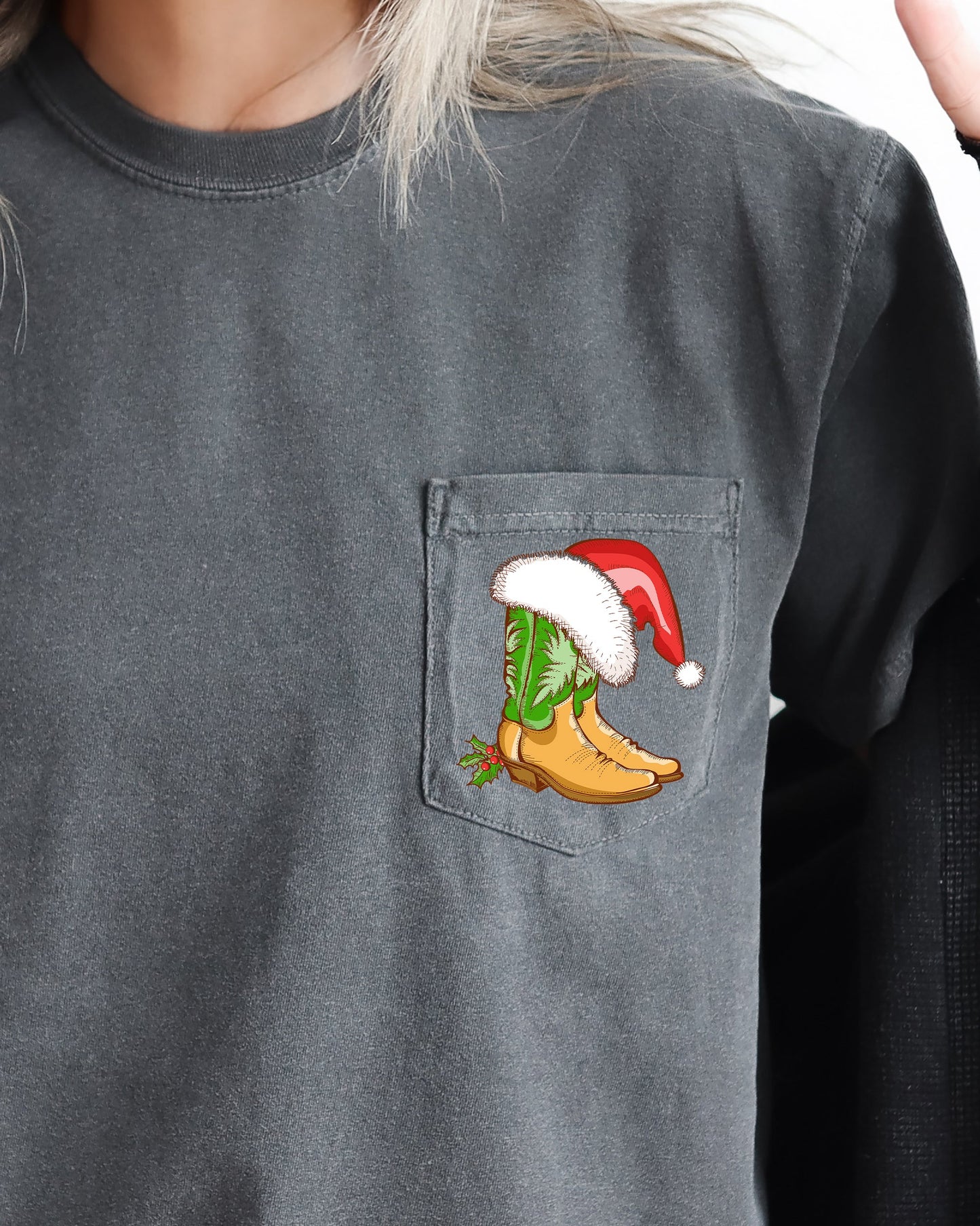 Cowboy Boots, Pocket, Santa, Holly, Cowgirl, Country, Western, Christmas, Snow, Winter, Xmas Pocket Tee Comfort Colors T-Shirt