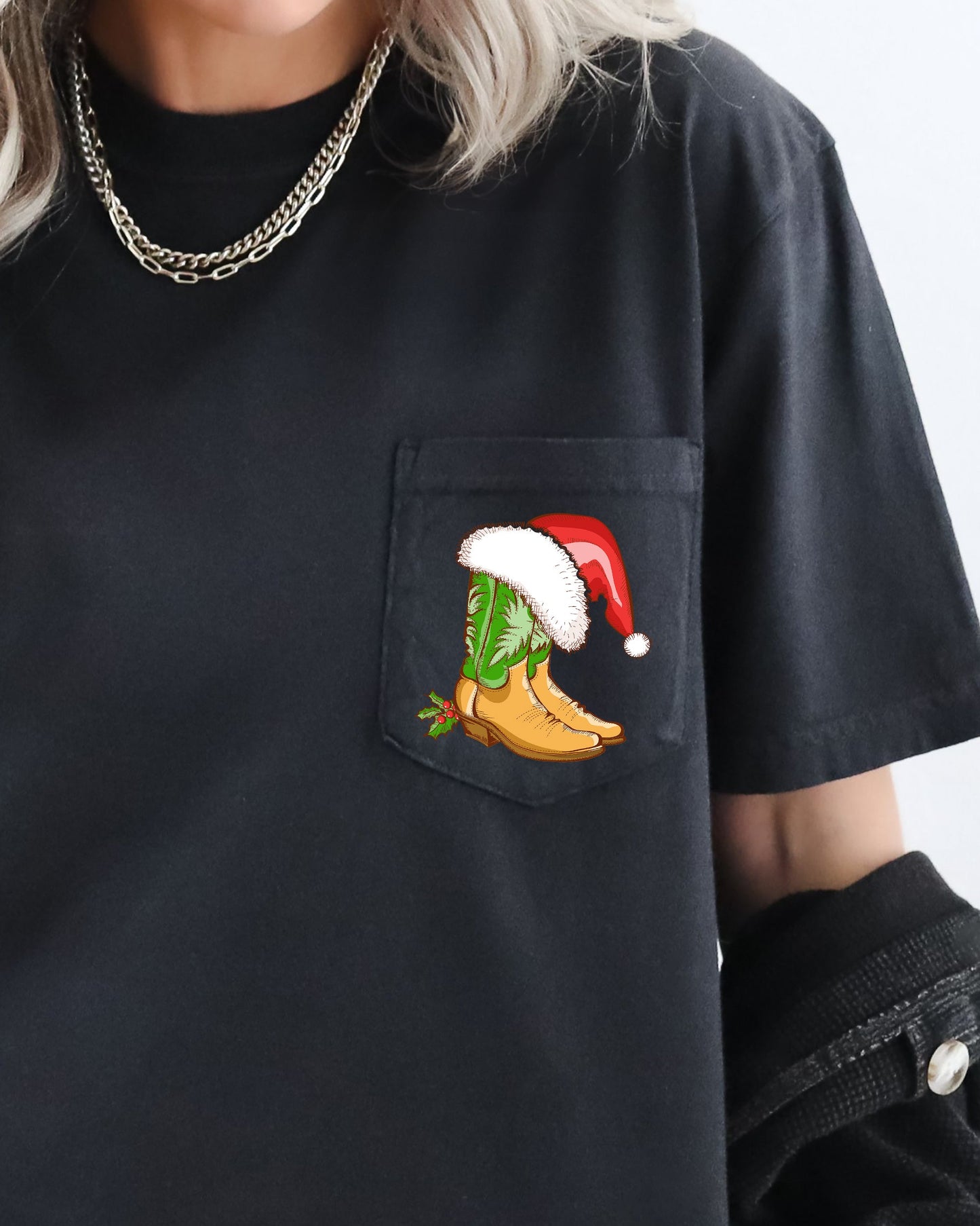 Cowboy Boots, Pocket, Santa, Holly, Cowgirl, Country, Western, Christmas, Snow, Winter, Xmas Pocket Tee Comfort Colors T-Shirt