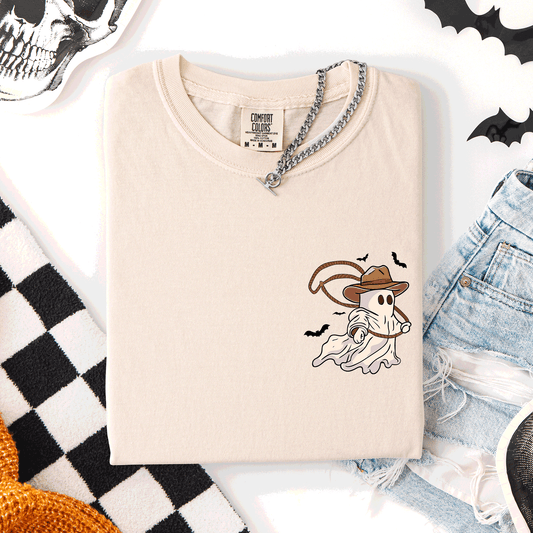 Cowboy Ghost, Lasso, Halloween, Cute, Western, Country, Pocket, Comfort Colors T-Shirt