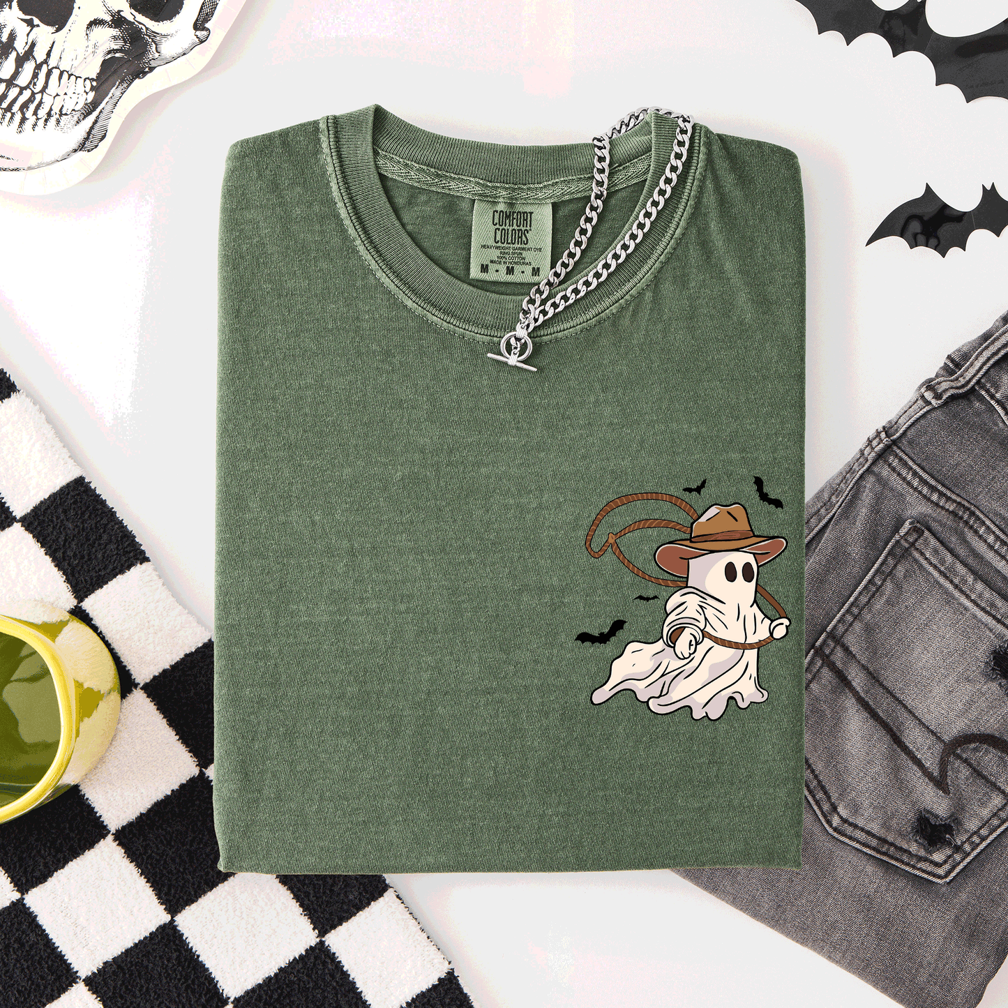 Cowboy Ghost, Lasso, Halloween, Cute, Western, Country, Pocket, Comfort Colors T-Shirt