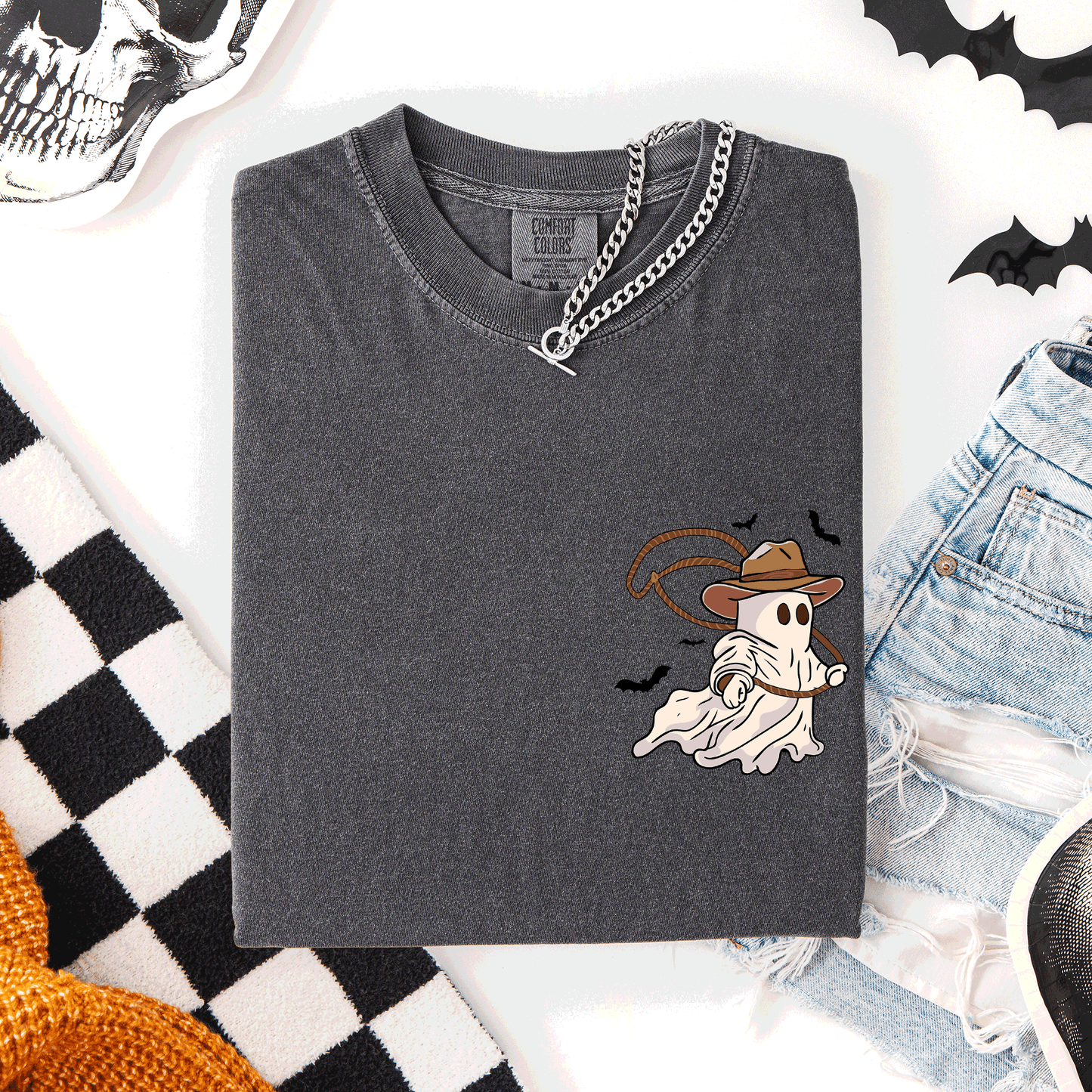 Cowboy Ghost, Lasso, Halloween, Cute, Western, Country, Pocket, Comfort Colors T-Shirt