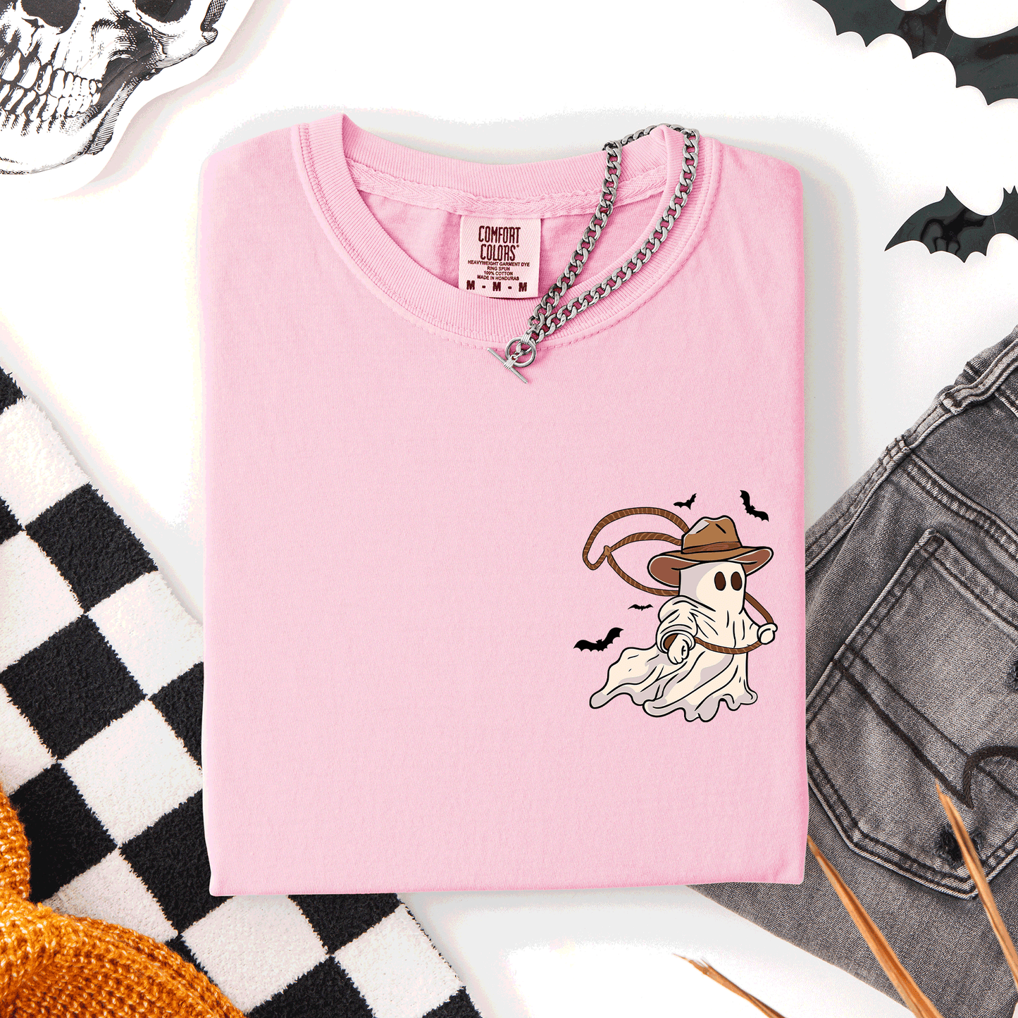 Cowboy Ghost, Lasso, Halloween, Cute, Western, Country, Pocket, Comfort Colors T-Shirt