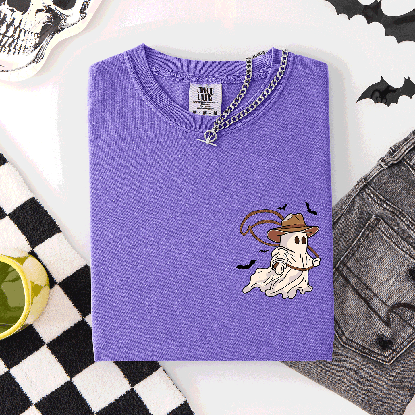 Cowboy Ghost, Lasso, Halloween, Cute, Western, Country, Pocket, Comfort Colors T-Shirt