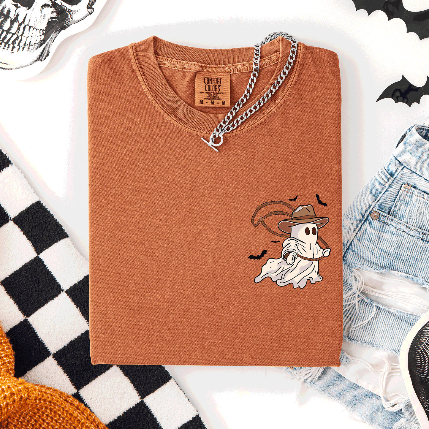 Cowboy Ghost, Lasso, Halloween, Cute, Western, Country, Pocket, Comfort Colors T-Shirt