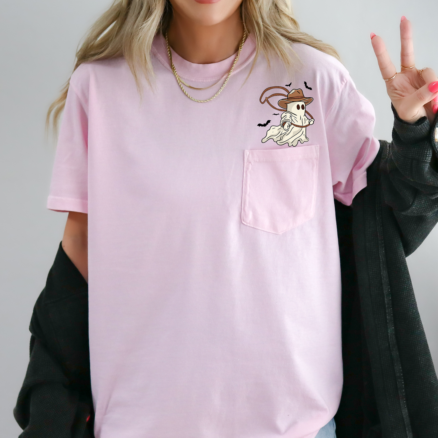 Cowboy Ghost, Lasso, Halloween, Cute, Western, Country, Pocket, Comfort Colors Pocket T-Shirt