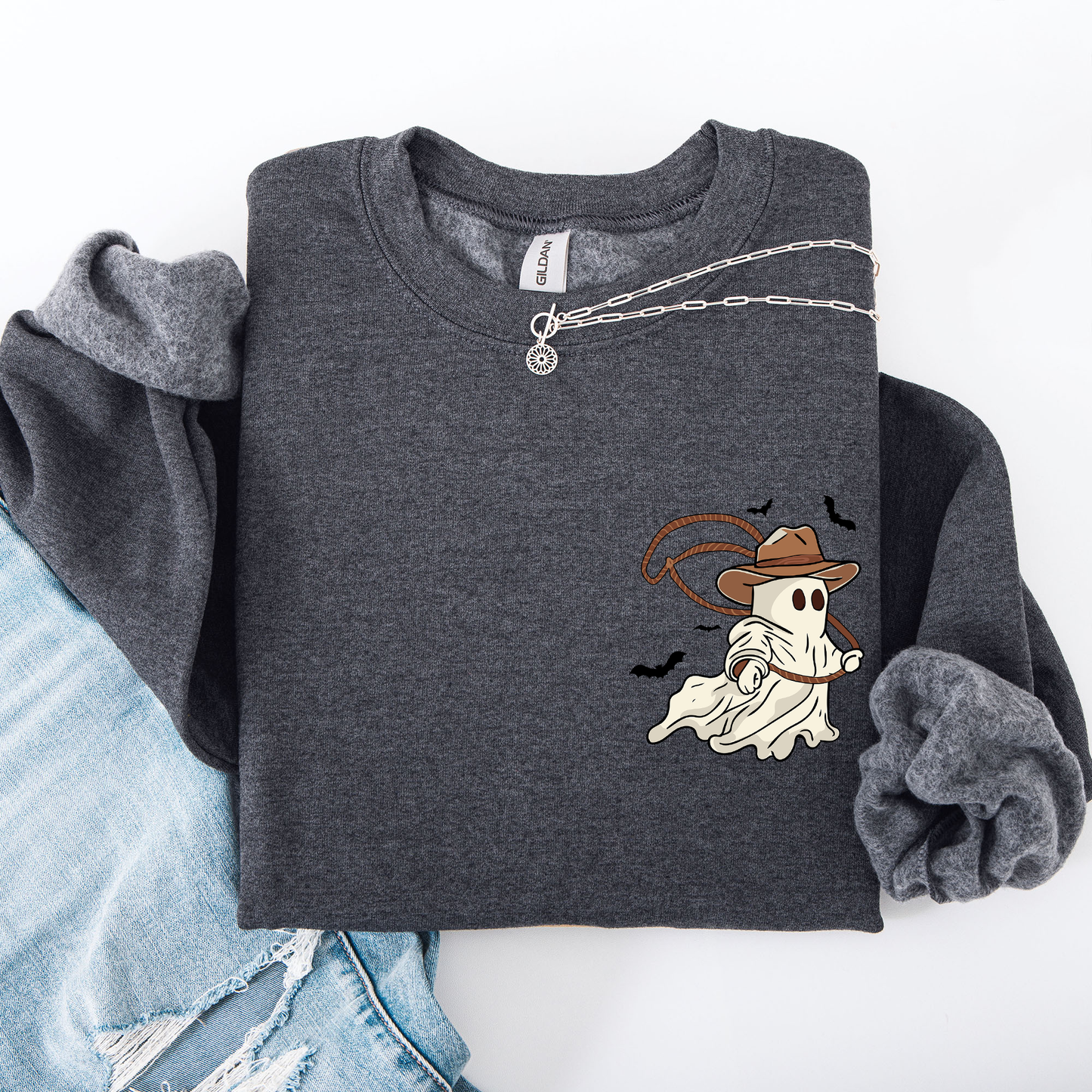 Cowboy Ghost, Lasso, Halloween, Cute, Western, Country, Pocket Sweatshirt