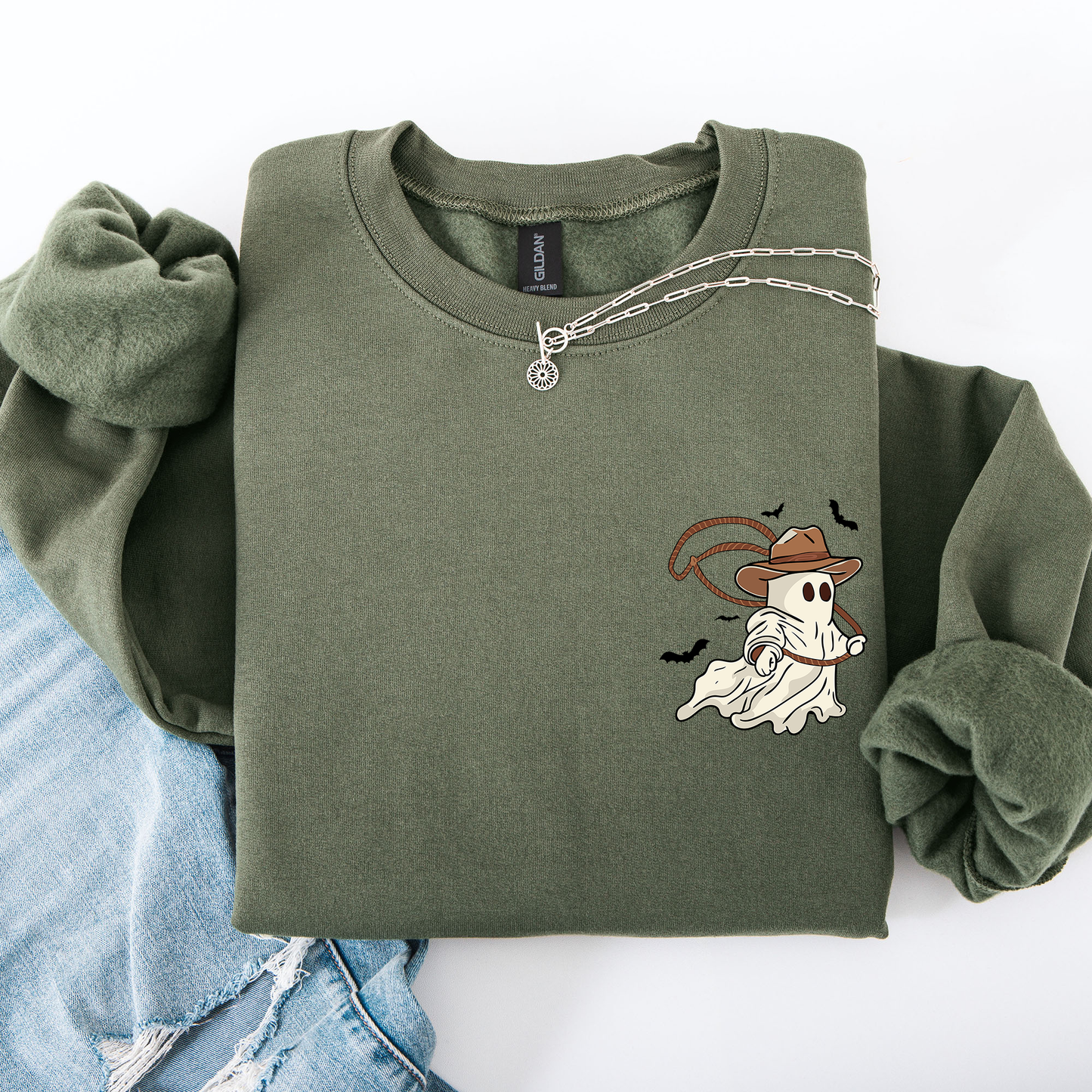 Cowboy Ghost, Lasso, Halloween, Cute, Western, Country, Pocket Sweatshirt