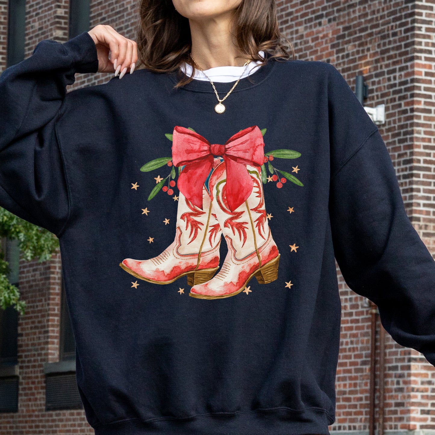 Cowgirl Boots, Cowboy, Bows, Mistletoe, Christmas, Santa, Country, Western, Xmas Sweatshirt