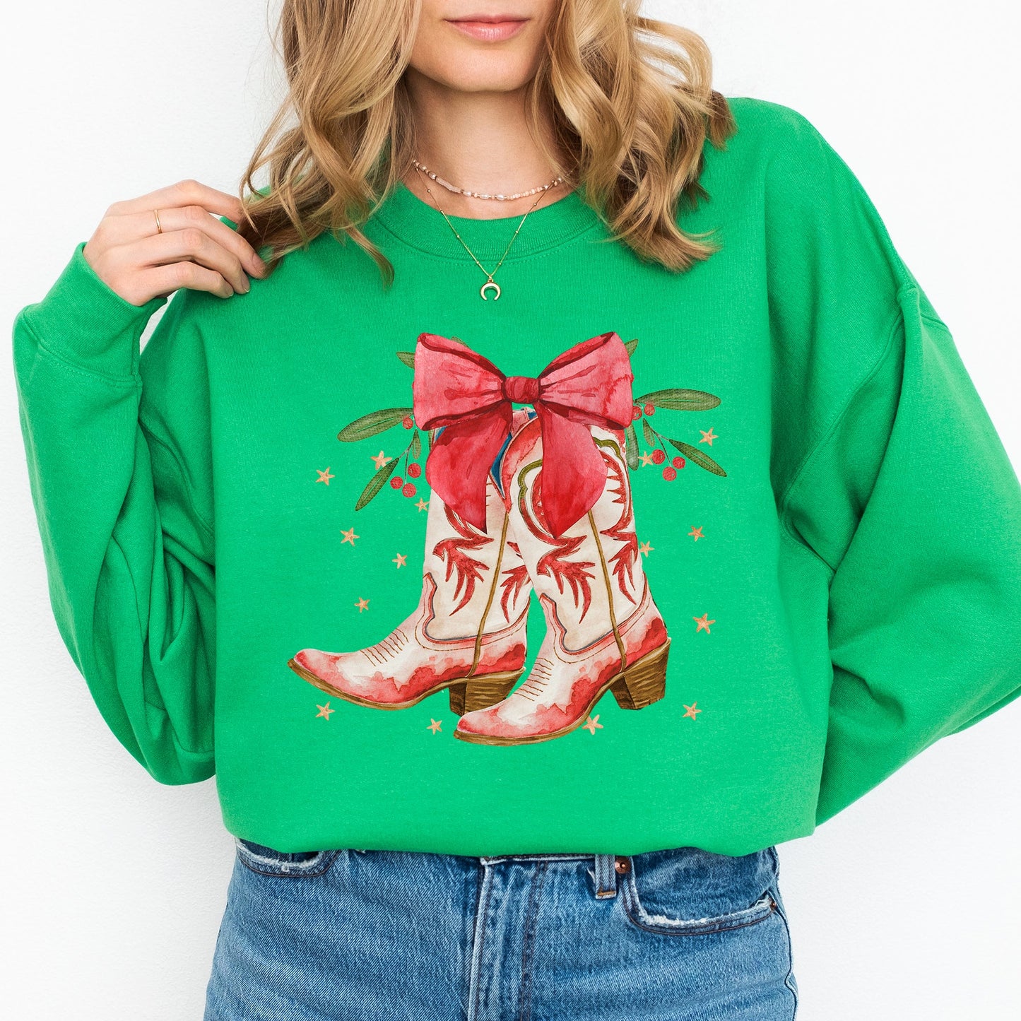 Cowgirl Boots, Cowboy, Bows, Mistletoe, Christmas, Santa, Country, Western, Xmas Sweatshirt