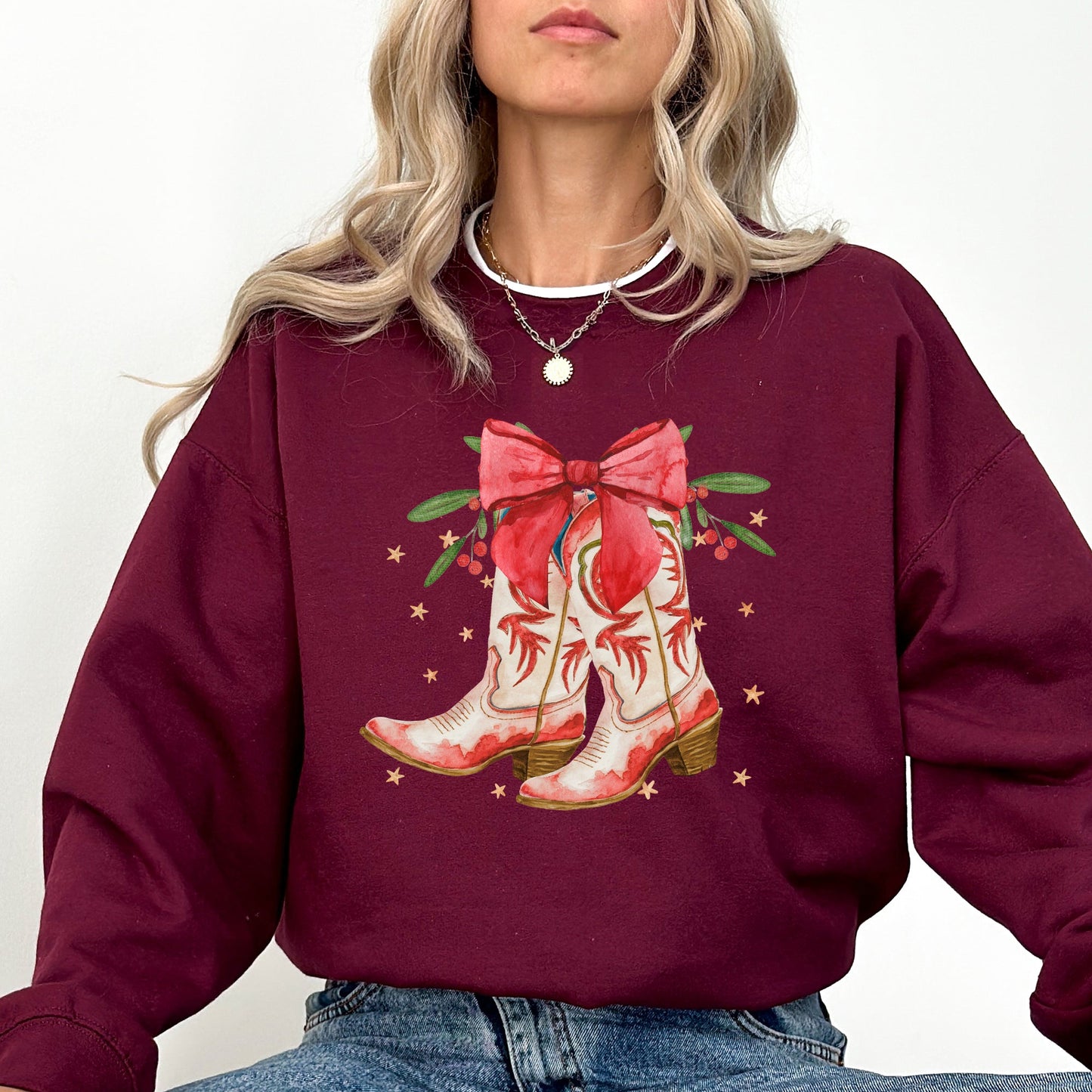 Cowgirl Boots, Cowboy, Bows, Mistletoe, Christmas, Santa, Country, Western, Xmas Sweatshirt