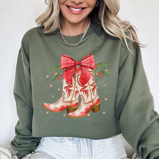 Cowgirl Boots, Cowboy, Bows, Mistletoe, Christmas, Santa, Country, Western, Xmas Sweatshirt