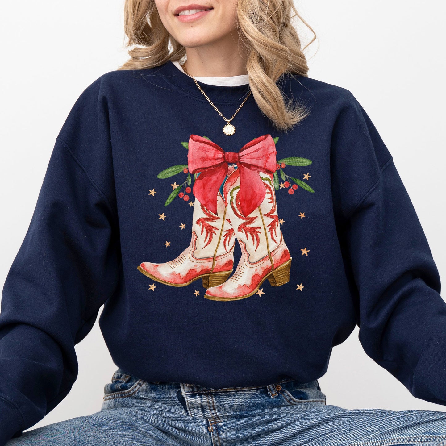 Cowgirl Boots, Cowboy, Bows, Mistletoe, Christmas, Santa, Country, Western, Xmas Sweatshirt