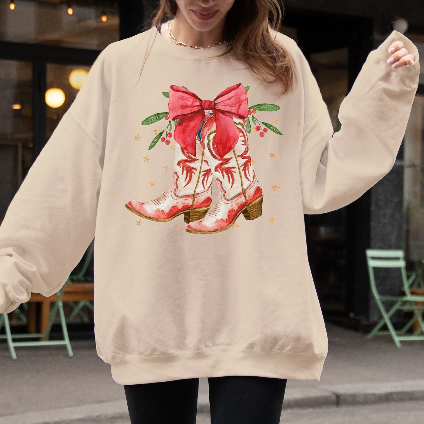 Cowgirl Boots, Cowboy, Bows, Mistletoe, Christmas, Santa, Country, Western, Xmas Sweatshirt