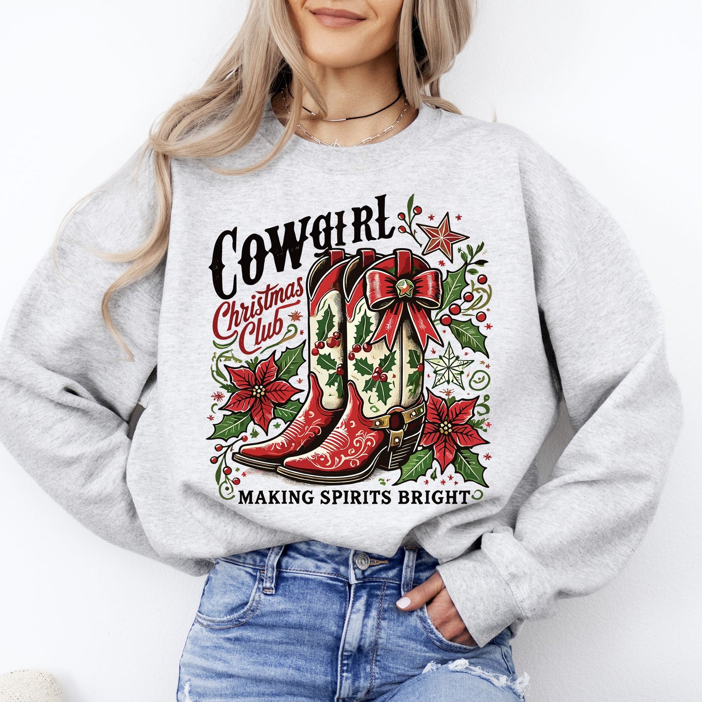 Cowgirl Christmas Club, Cowboy Boots, Western, Santa, Flowers Sweatshirt
