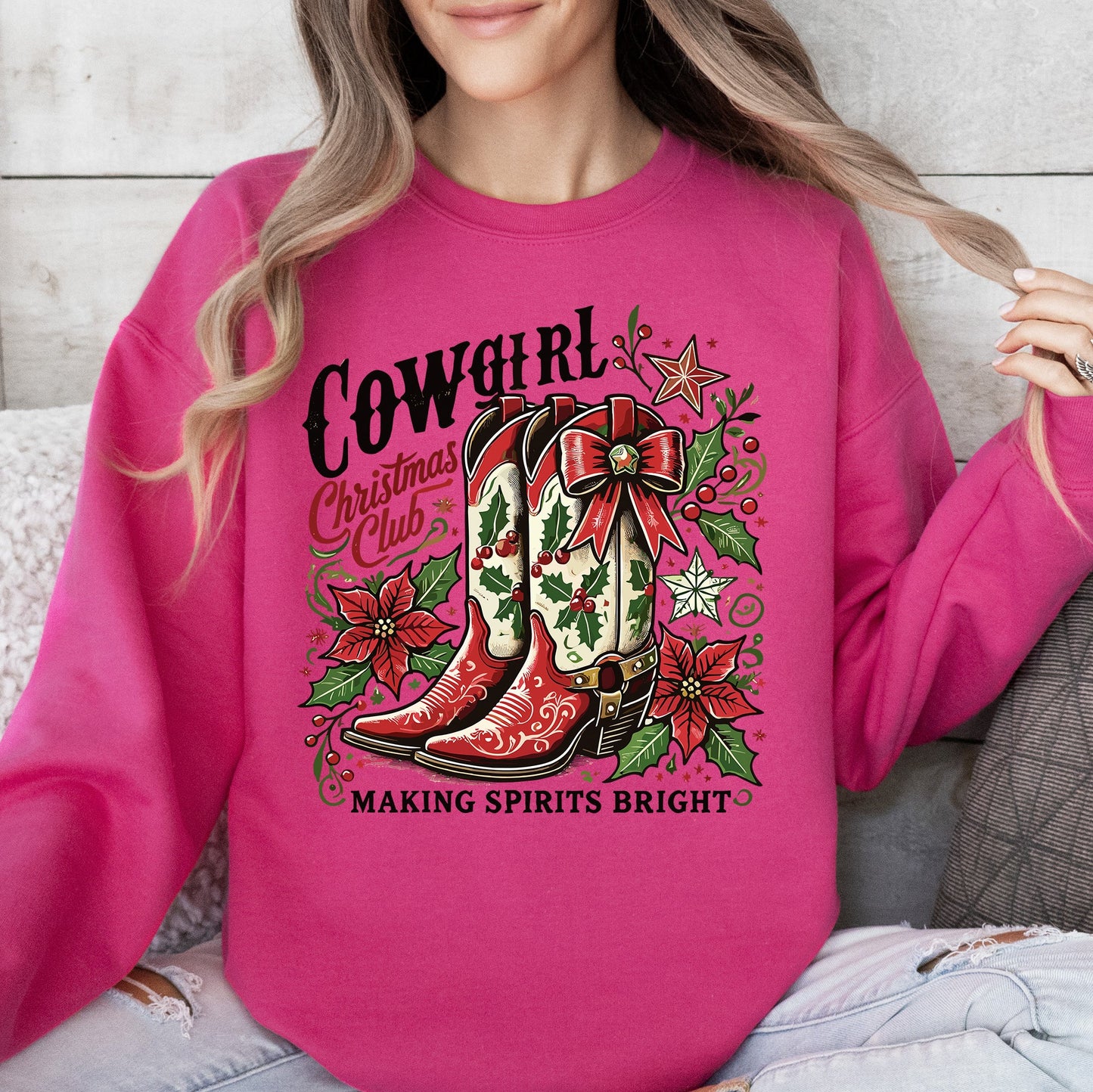 Cowgirl Christmas Club, Cowboy Boots, Western, Santa, Flowers Sweatshirt