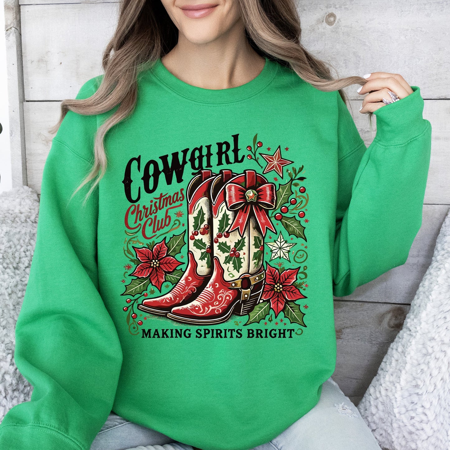 Cowgirl Christmas Club, Cowboy Boots, Western, Santa, Flowers Sweatshirt