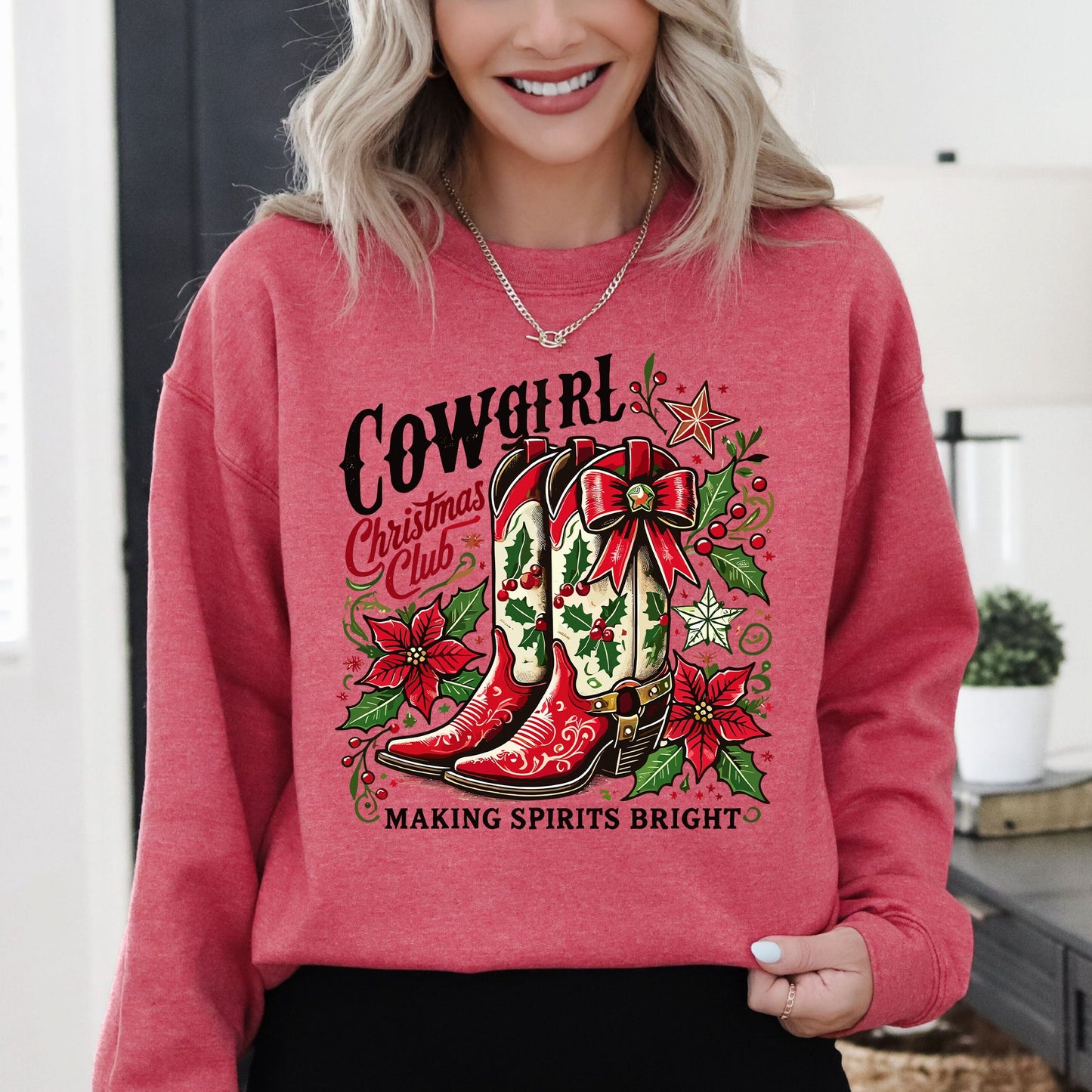 Cowgirl Christmas Club, Cowboy Boots, Western, Santa, Flowers Sweatshirt