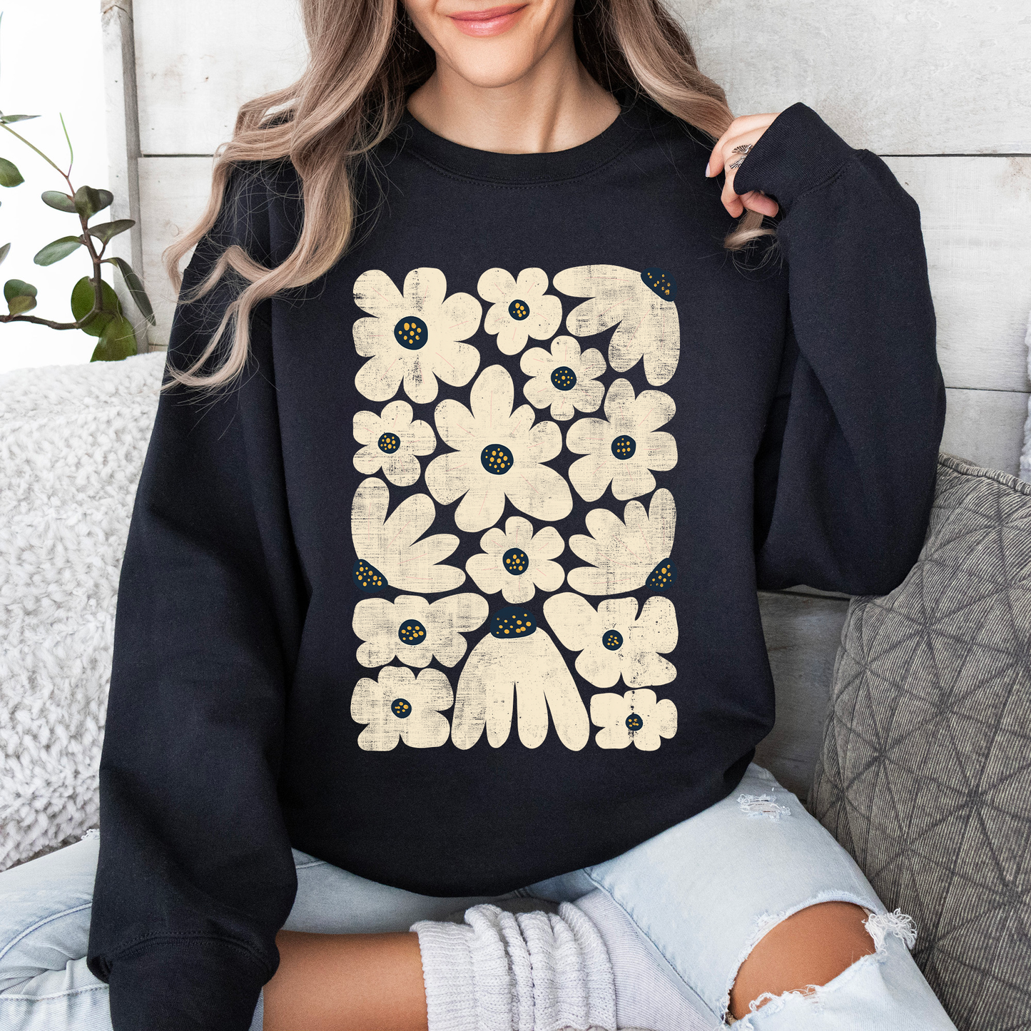 Cream Daisy Allover Floral, Vintage Boho, Nature Sweatshirt