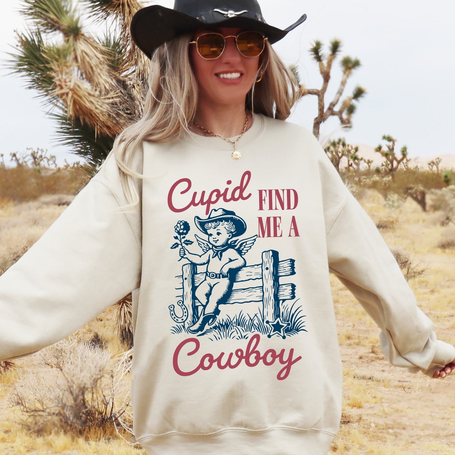 Cupid Find Me A Cowboy, Western, Love, Heart, Valentine's Day Sweatshirt