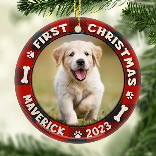 Custom Photo First Christmas Dog & Cat - Personalized Circle Ceramic Ornament - Christmas Gift for Dog Lovers, Cat Lovers, Pet Lovers