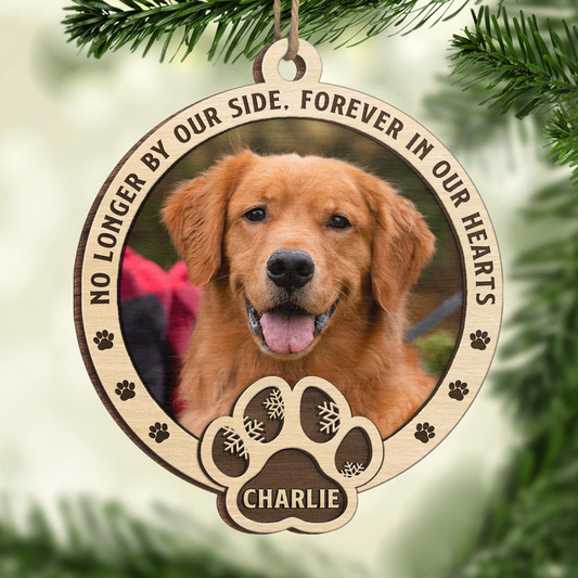Custom Photo No Longer By Our Side, Forever In Our Hearts Pet Memorial - Personalized Wood Ornament - Sympathy Gift For Pet Owners, Pet Lovers
