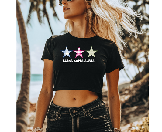 Customizable: Gingham Tri-Star Flowy Cropped Tee