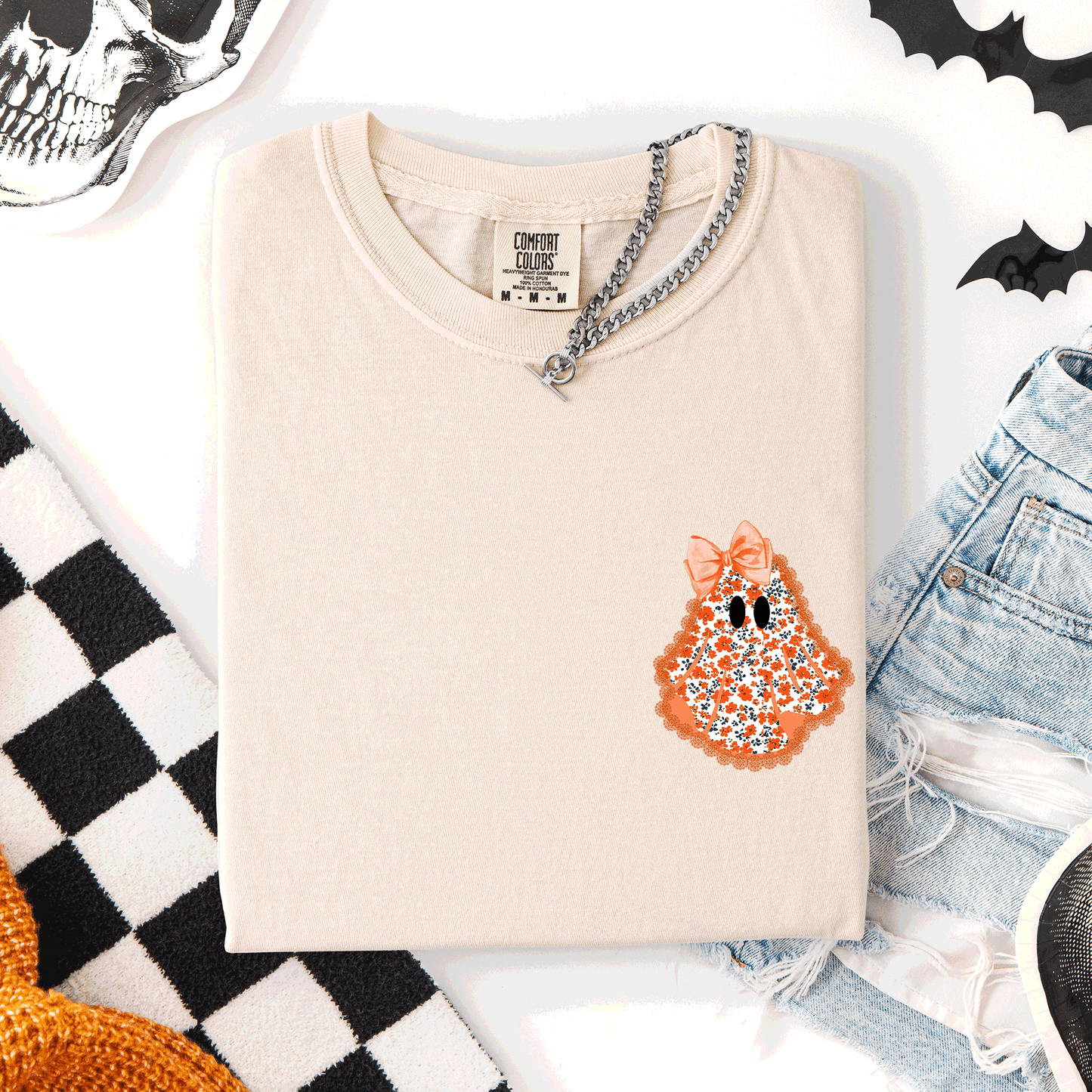 Cute Coquette, Faux Lace Ghost, Halloween, Pocket, Comfort Colors T-Shirt