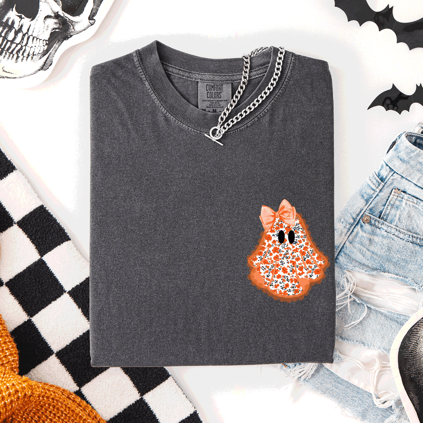 Cute Coquette, Faux Lace Ghost, Halloween, Pocket, Comfort Colors T-Shirt