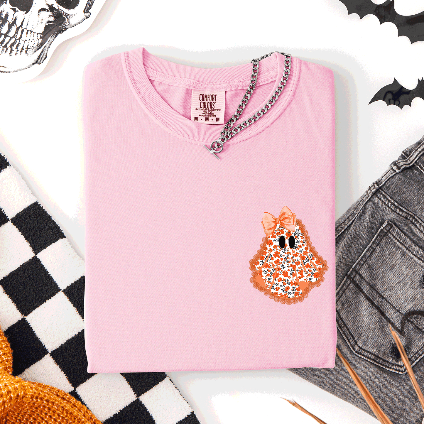 Cute Coquette, Faux Lace Ghost, Halloween, Pocket, Comfort Colors T-Shirt