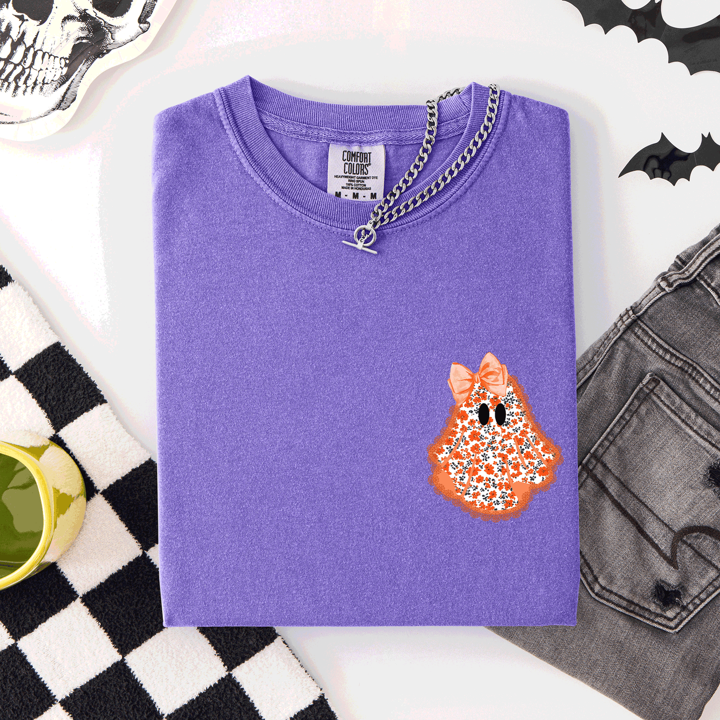 Cute Coquette, Faux Lace Ghost, Halloween, Pocket, Comfort Colors T-Shirt