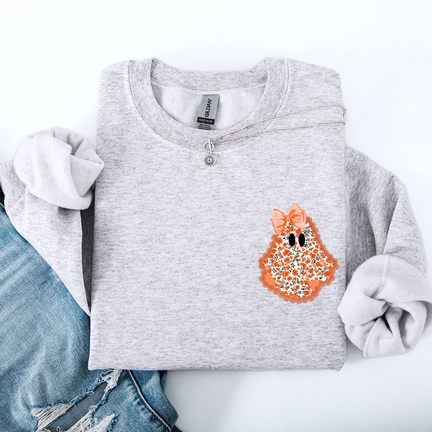 Cute Coquette, Faux Lace Ghost, Halloween, Pocket Sweatshirt