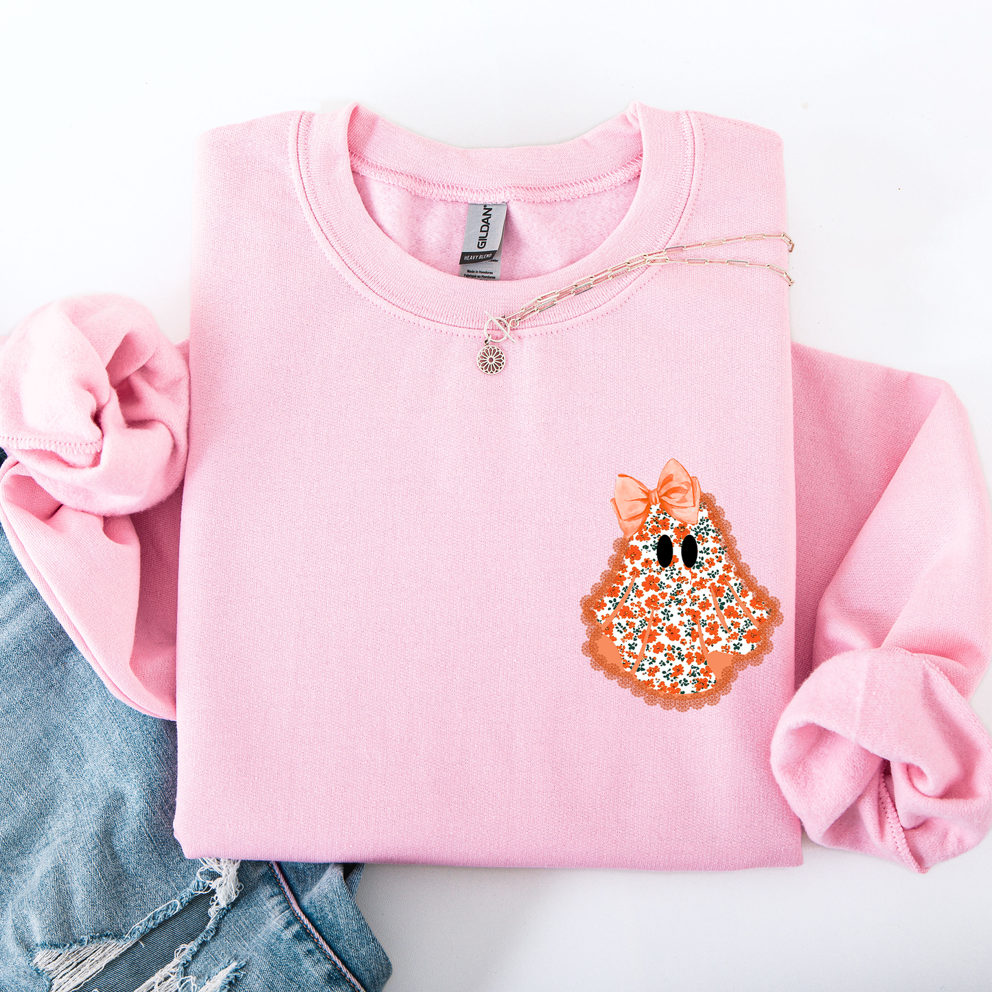 Cute Coquette, Faux Lace Ghost, Halloween, Pocket Sweatshirt