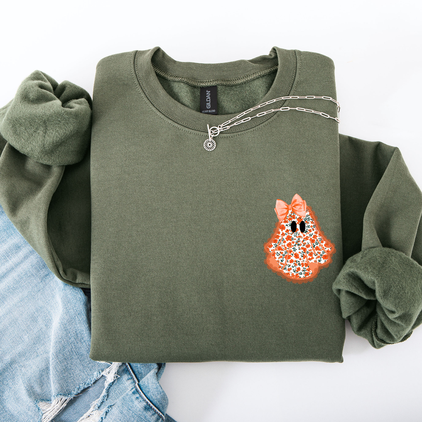 Cute Coquette, Faux Lace Ghost, Halloween, Pocket Sweatshirt
