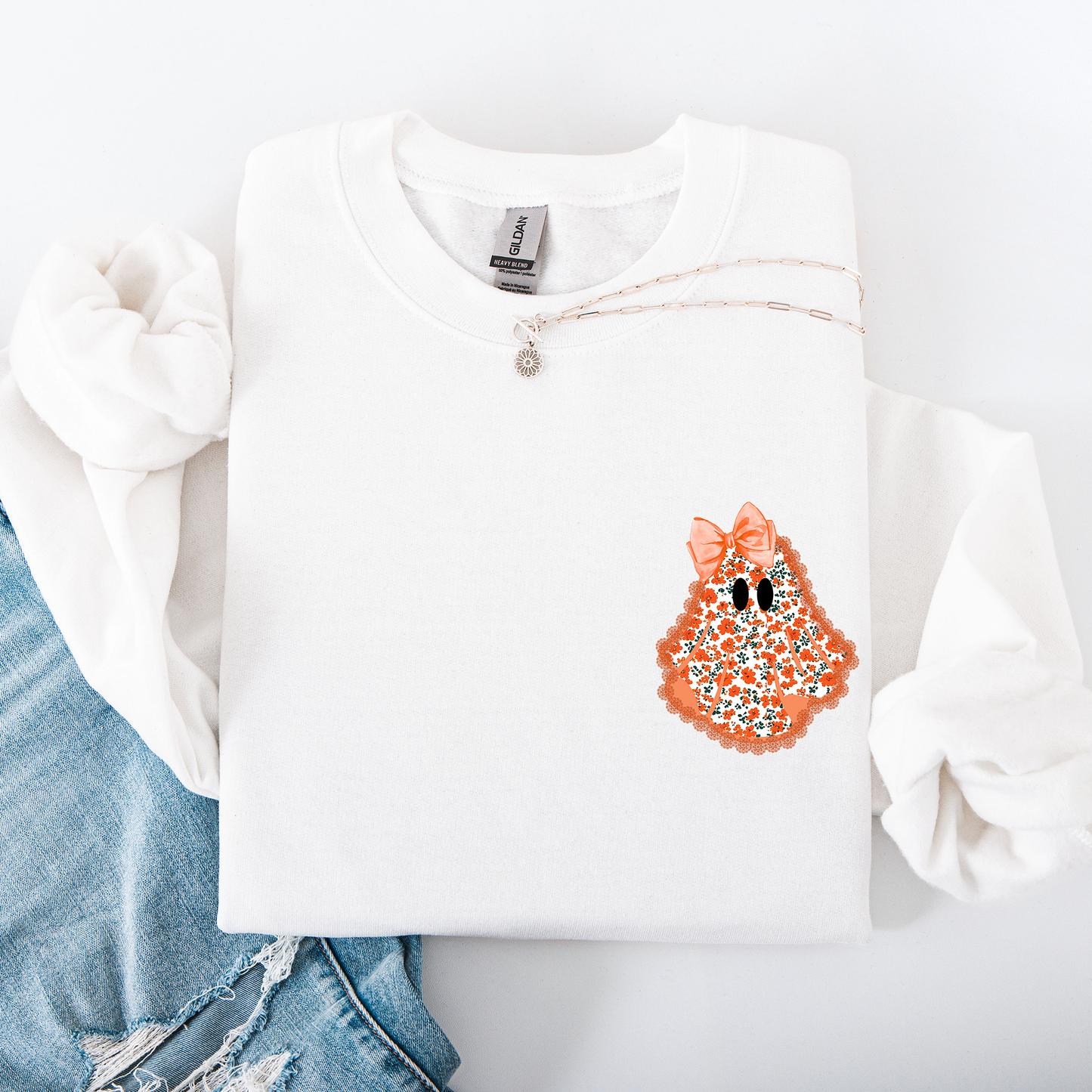 Cute Coquette, Faux Lace Ghost, Halloween, Pocket Sweatshirt