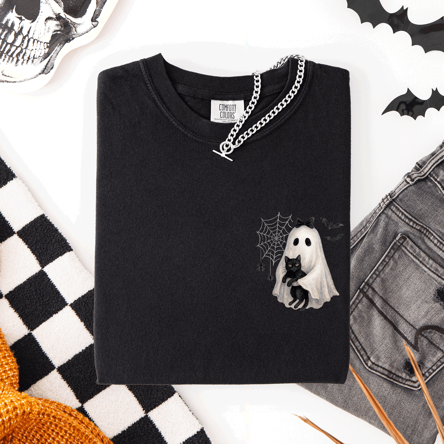 Cute Ghost, Black Cat, Halloween, Coquette, Pocket, Comfort Colors T-Shirt