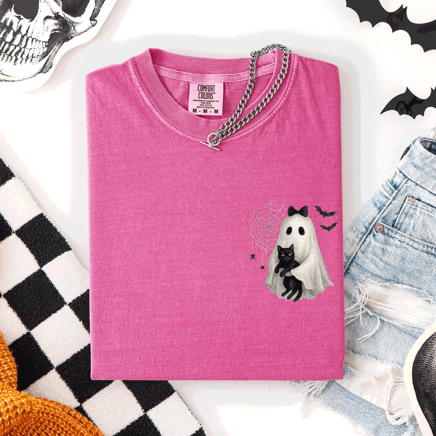 Cute Ghost, Black Cat, Halloween, Coquette, Pocket, Comfort Colors T-Shirt
