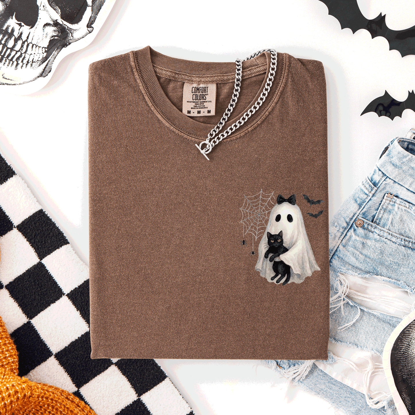 Cute Ghost, Black Cat, Halloween, Coquette, Pocket, Comfort Colors T-Shirt