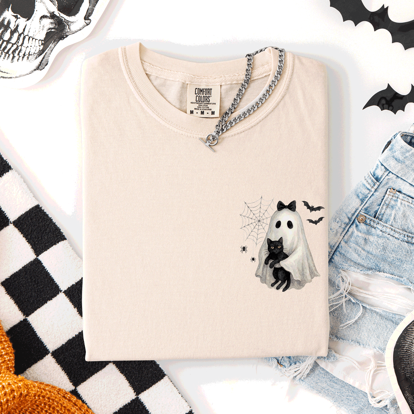 Cute Ghost, Black Cat, Halloween, Coquette, Pocket, Comfort Colors T-Shirt