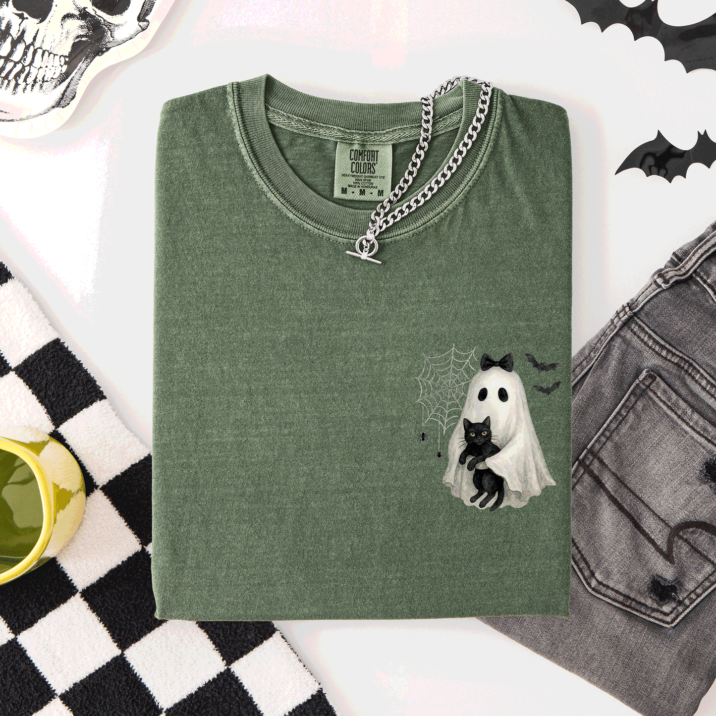 Cute Ghost, Black Cat, Halloween, Coquette, Pocket, Comfort Colors T-Shirt