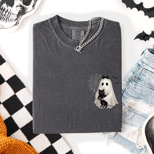 Cute Ghost, Black Cat, Halloween, Coquette, Pocket, Comfort Colors T-Shirt