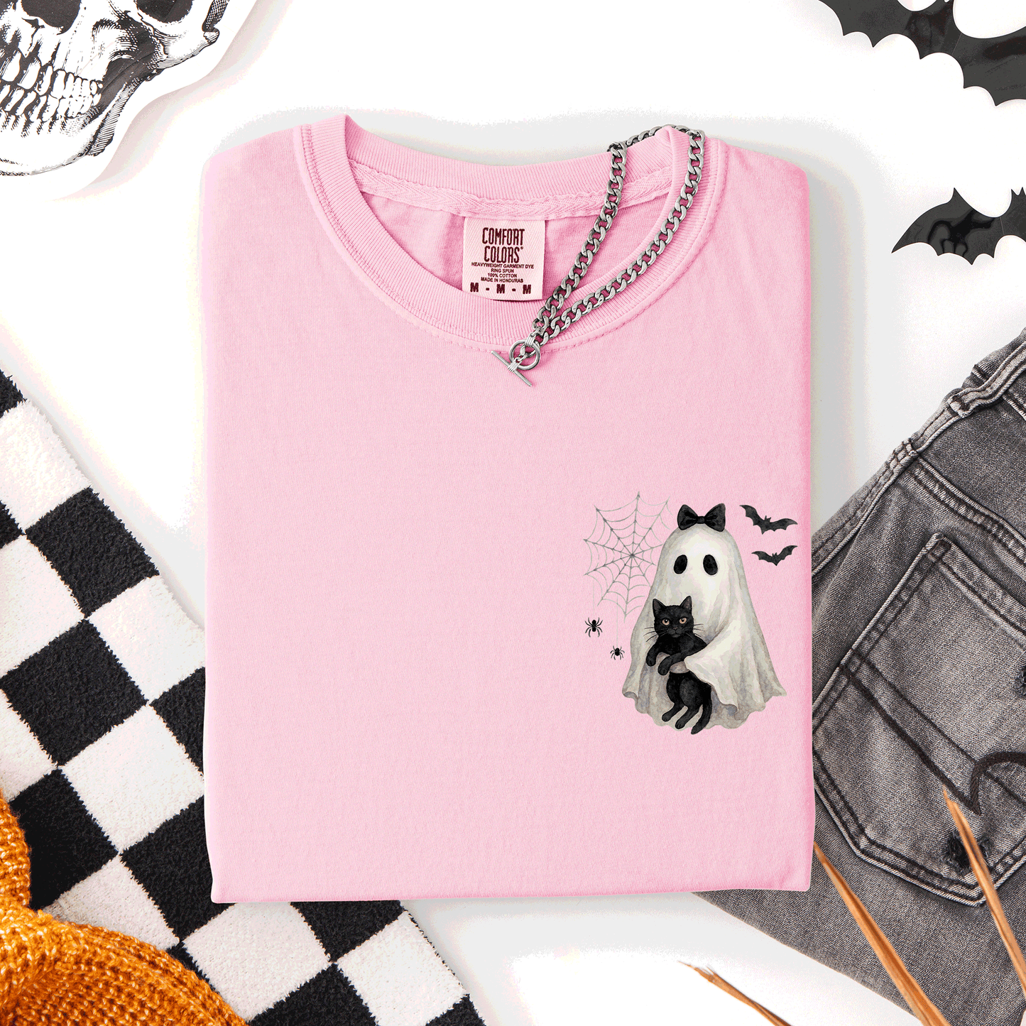 Cute Ghost, Black Cat, Halloween, Coquette, Pocket, Comfort Colors T-Shirt