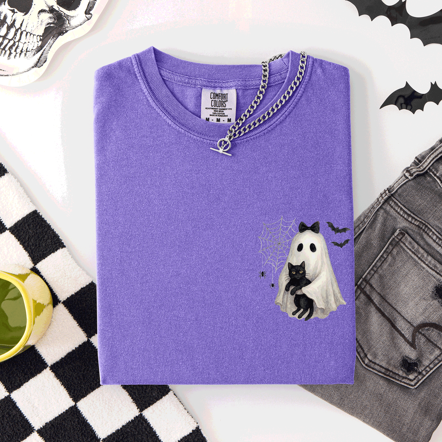 Cute Ghost, Black Cat, Halloween, Coquette, Pocket, Comfort Colors T-Shirt