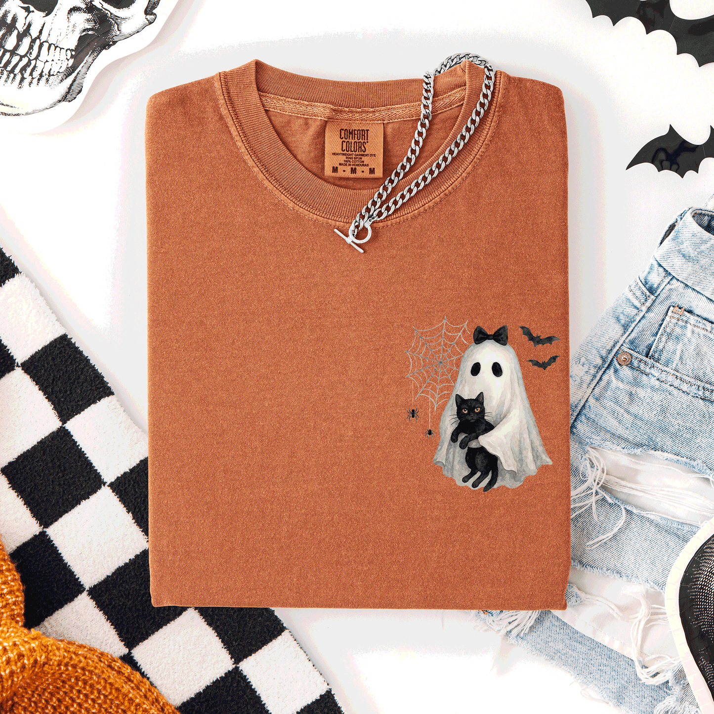 Cute Ghost, Black Cat, Halloween, Coquette, Pocket, Comfort Colors T-Shirt