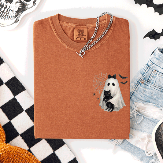 Cute Ghost, Black Cat, Halloween, Coquette, Pocket, Comfort Colors T-Shirt