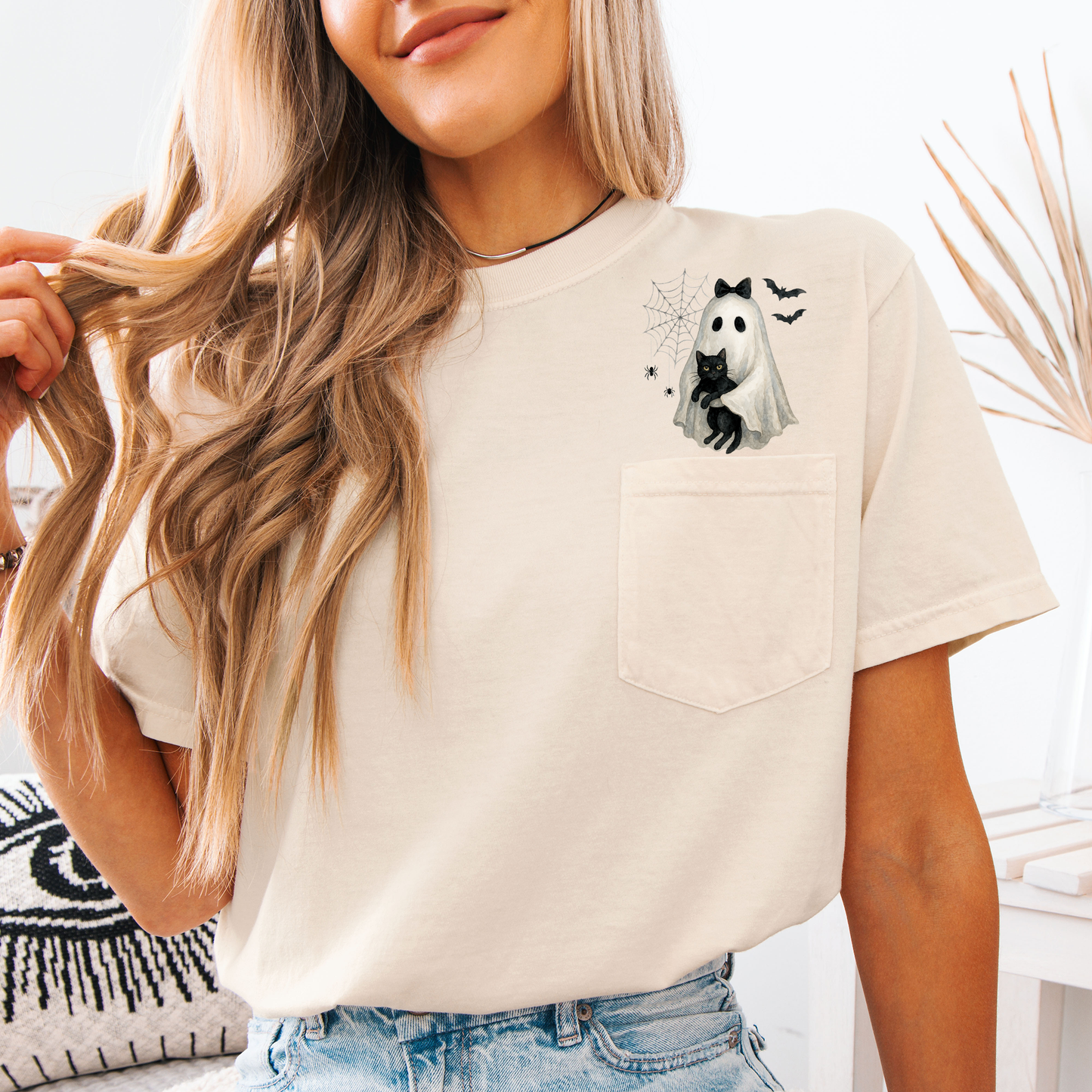 Cute Ghost, Black Cat, Halloween, Coquette, Pocket, Comfort Colors Pocket T-Shirt