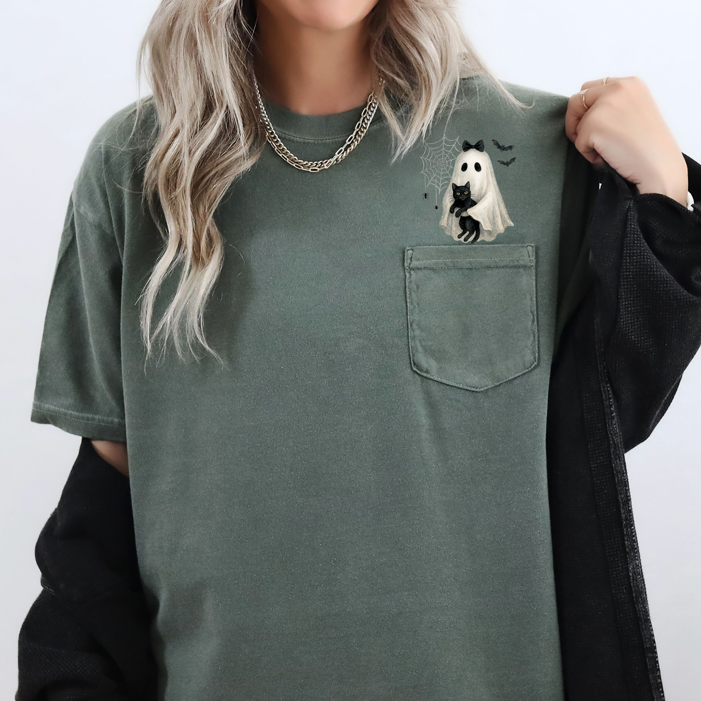 Cute Ghost, Black Cat, Halloween, Coquette, Pocket, Comfort Colors Pocket T-Shirt